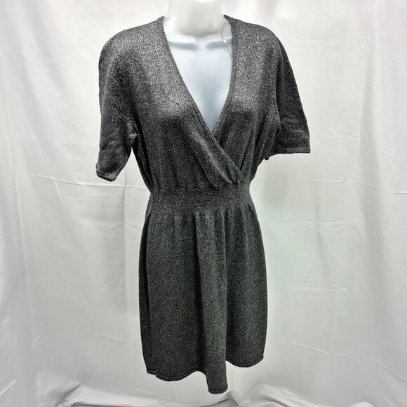 Liz Claiborne Dresses & Skirts - Liz Claiborne Gray Silver Metallic Sparkle Faux Wrap V-Neck Sweater Dress Medium